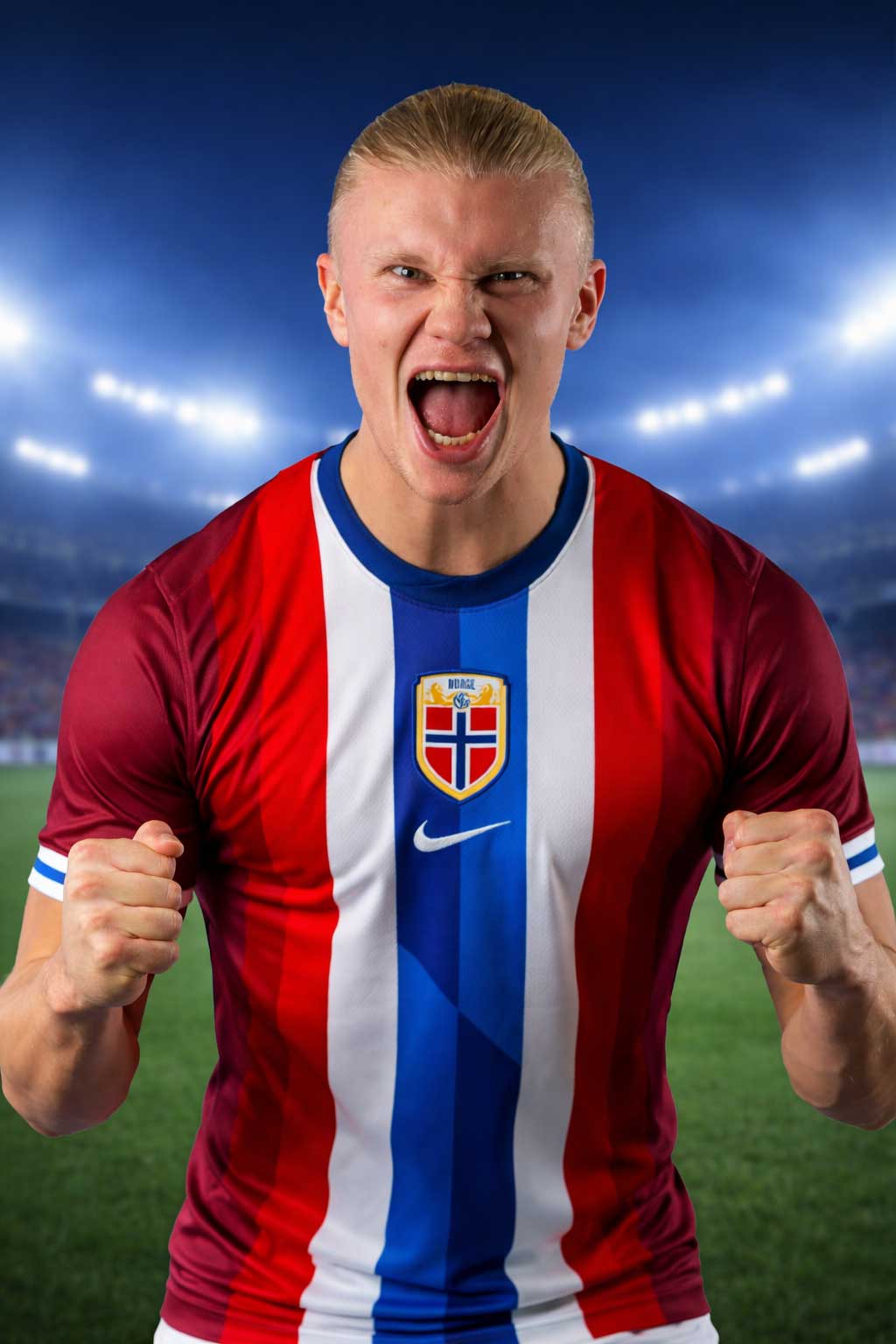 Erling Haaland iført Norges hjemmedrakt 2024 i rødt, hvitt og blått design