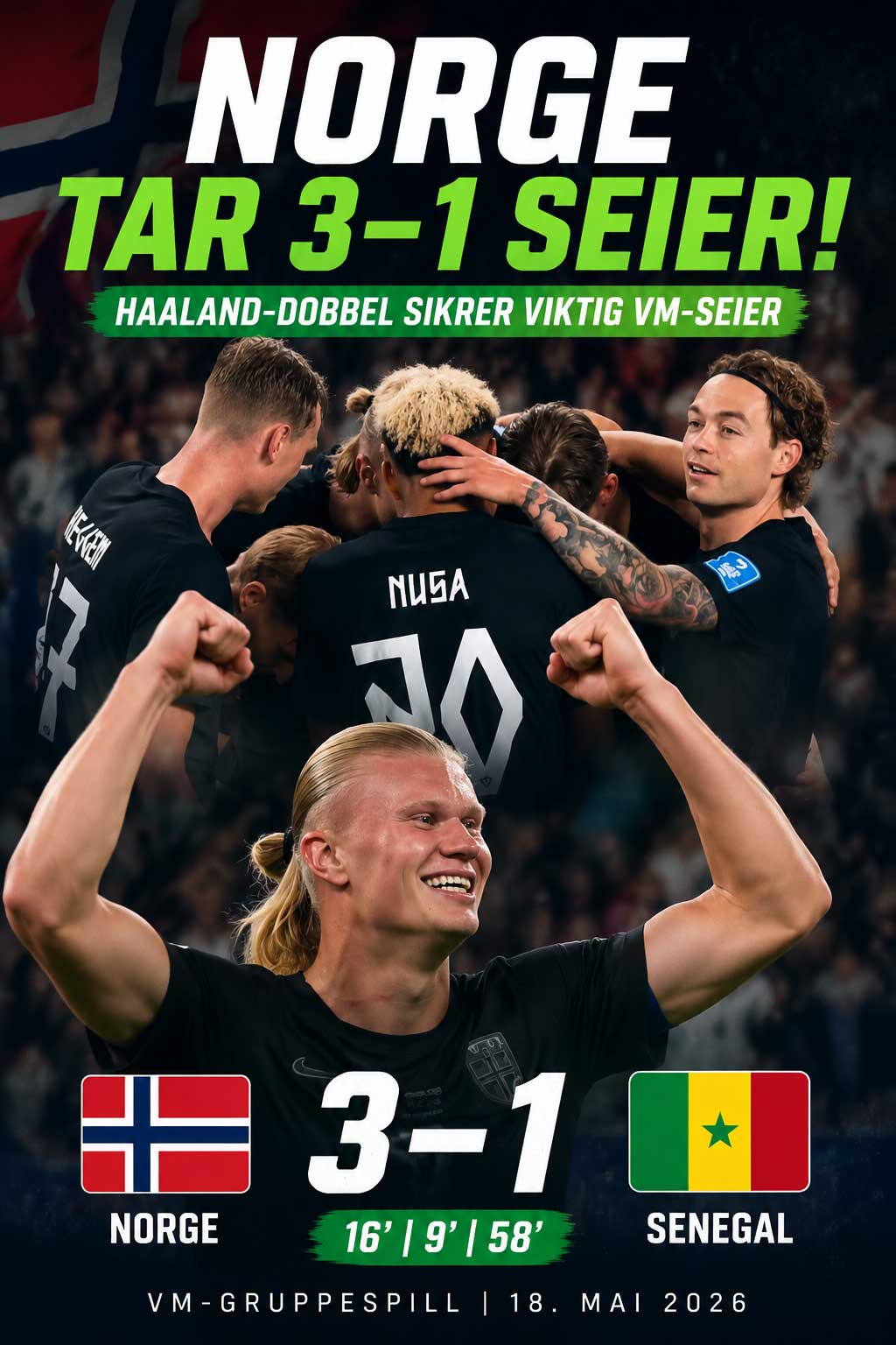 🇳🇴 Norge 3–1 Senegal – Haaland-dobbel sender Norge videre i VM