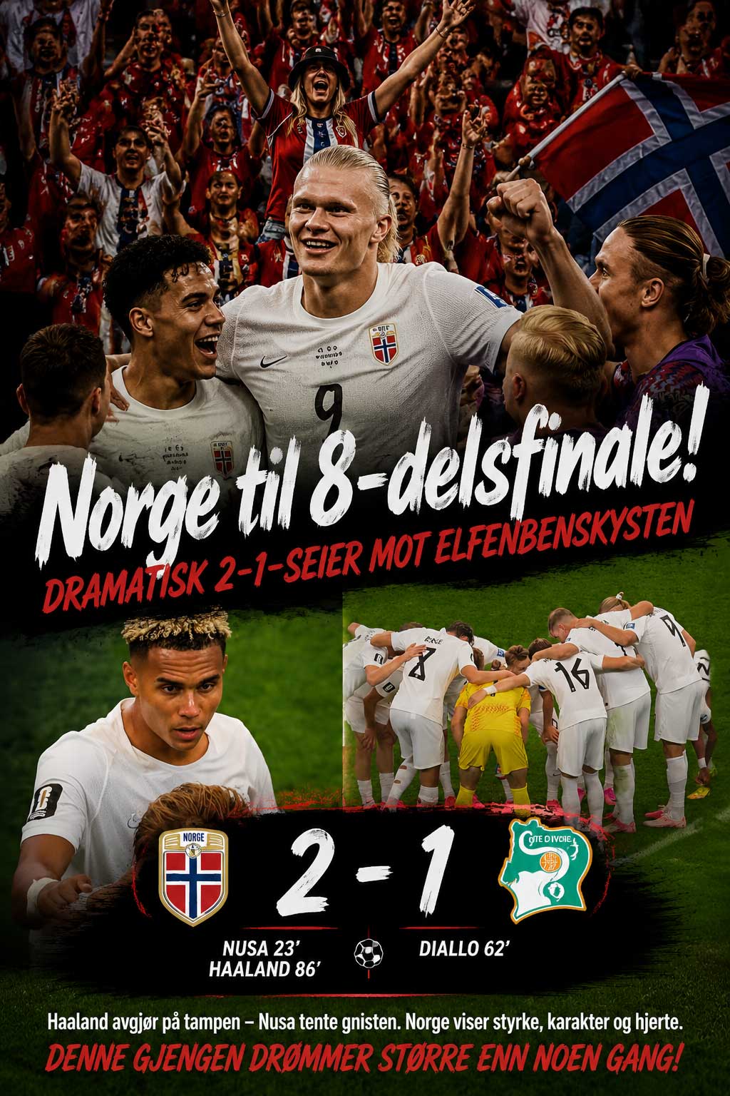 🇳🇴 Norge videre til åttedelsfinalen etter dramatisk 2–1-seier over Elfenbenskysten