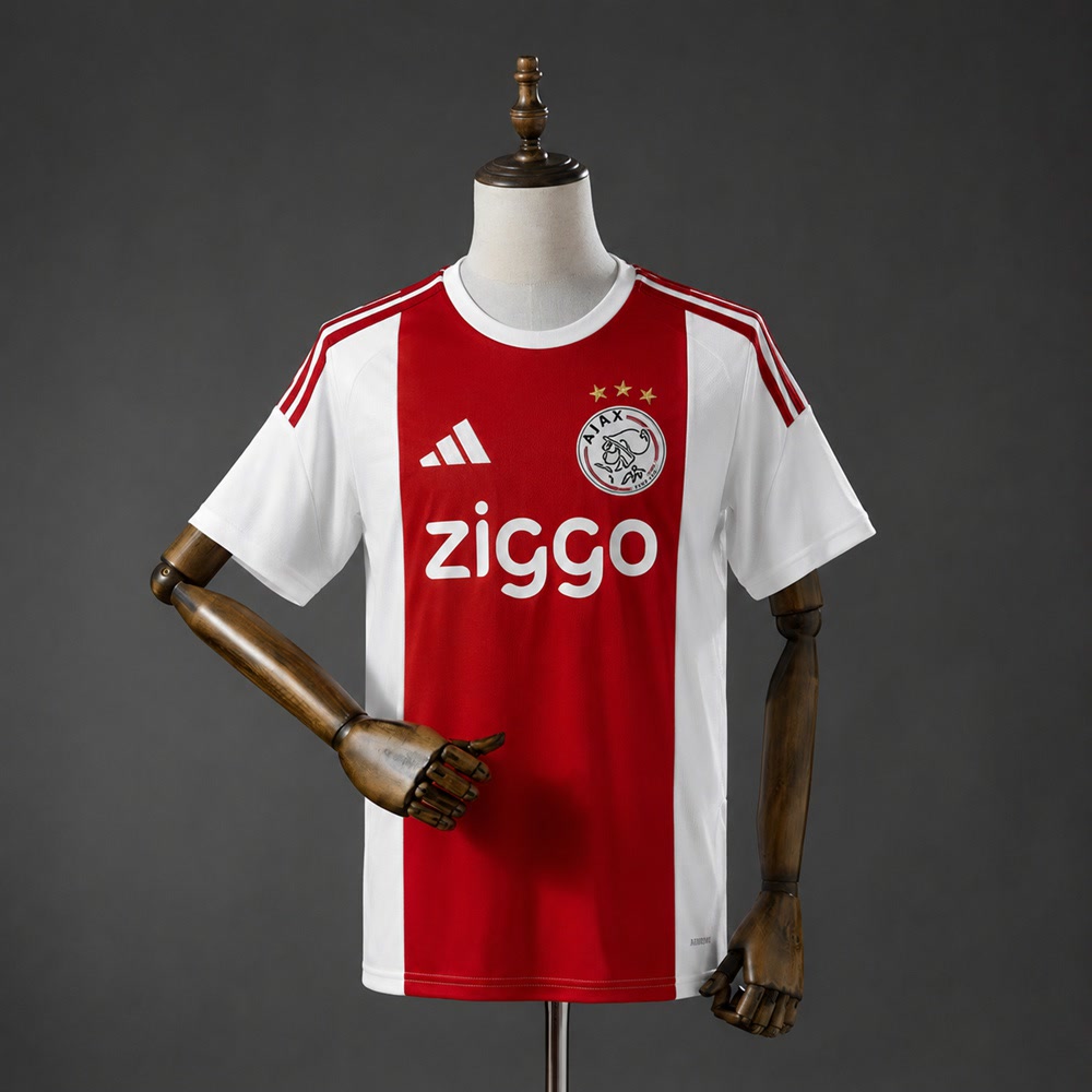 Rød og hvit Ajax hjemmedrakt 26/27 med klassisk bred midtstripe og tre gullstjerner