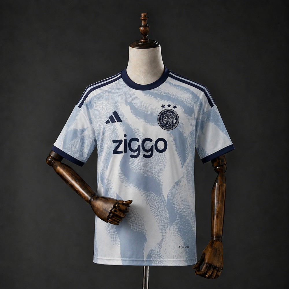 Lyseblå Ajax tredjedrakt 26/27 med off-white virvelmønster og marineblå detaljer