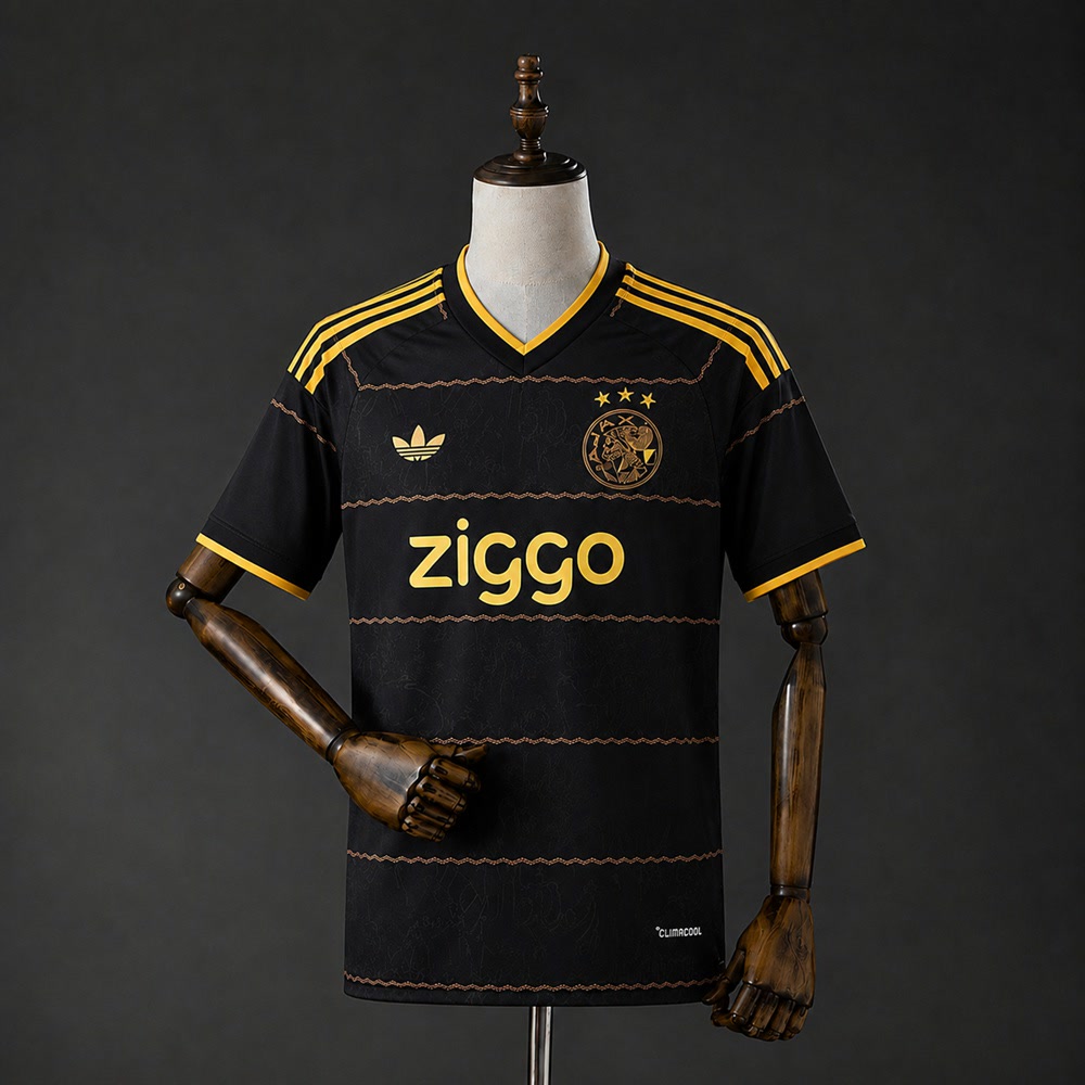 Svart Ajax bortedrakt 26/27 med gulloransje detaljer og historisk bølgemønster
