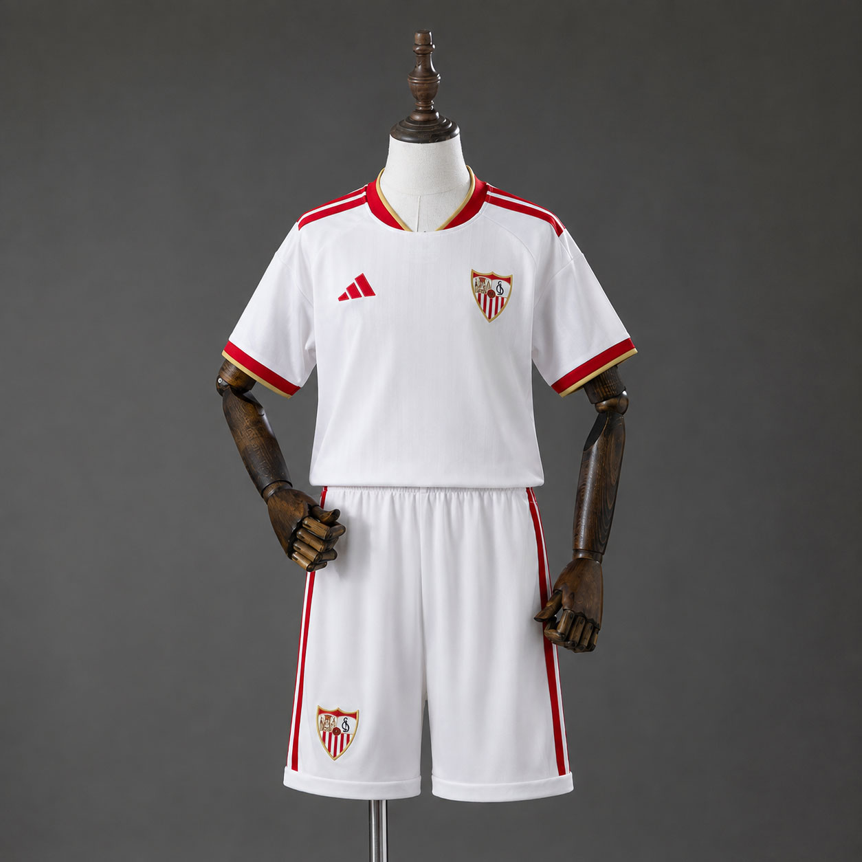 Sevilla FC barnedrakt 2026/27 i hvitt med røde detaljer sett bakfra
