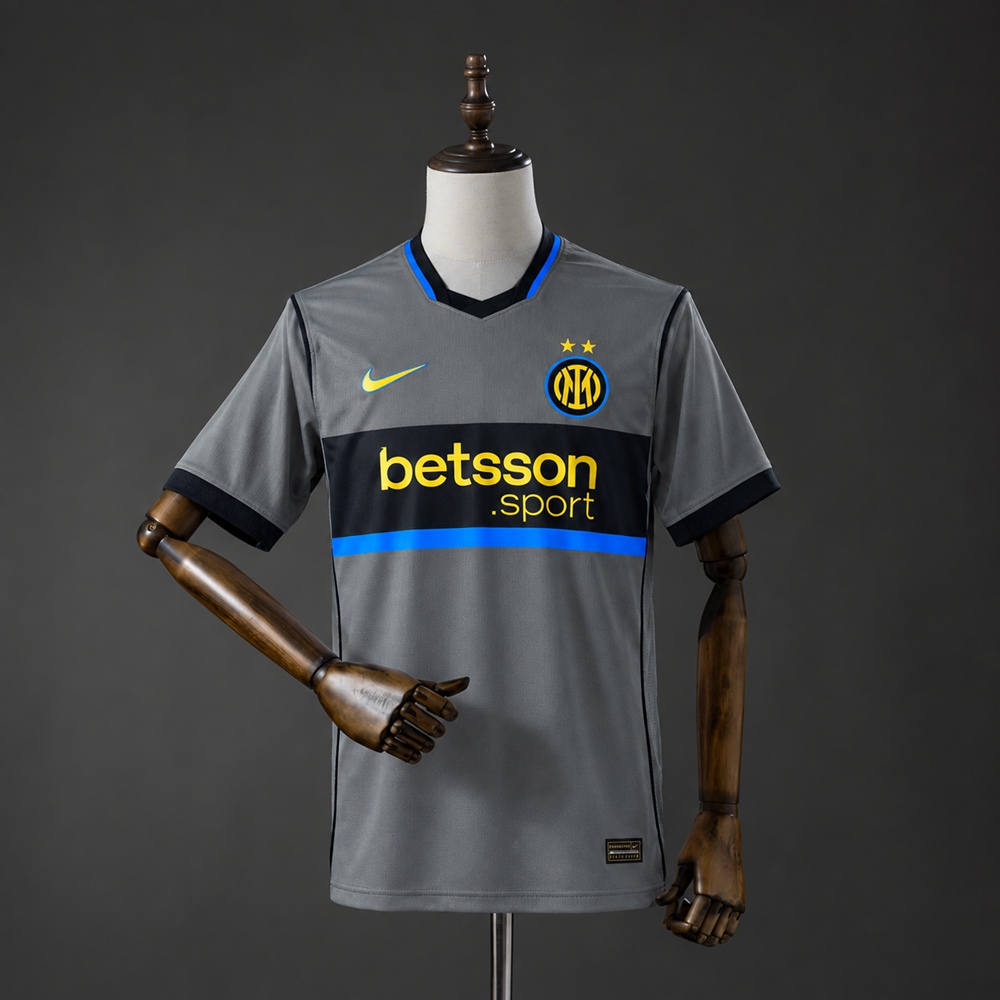 Inter Milan 2026/27 grå tredjedrakt for herre med svart bryststripe og blå detaljer